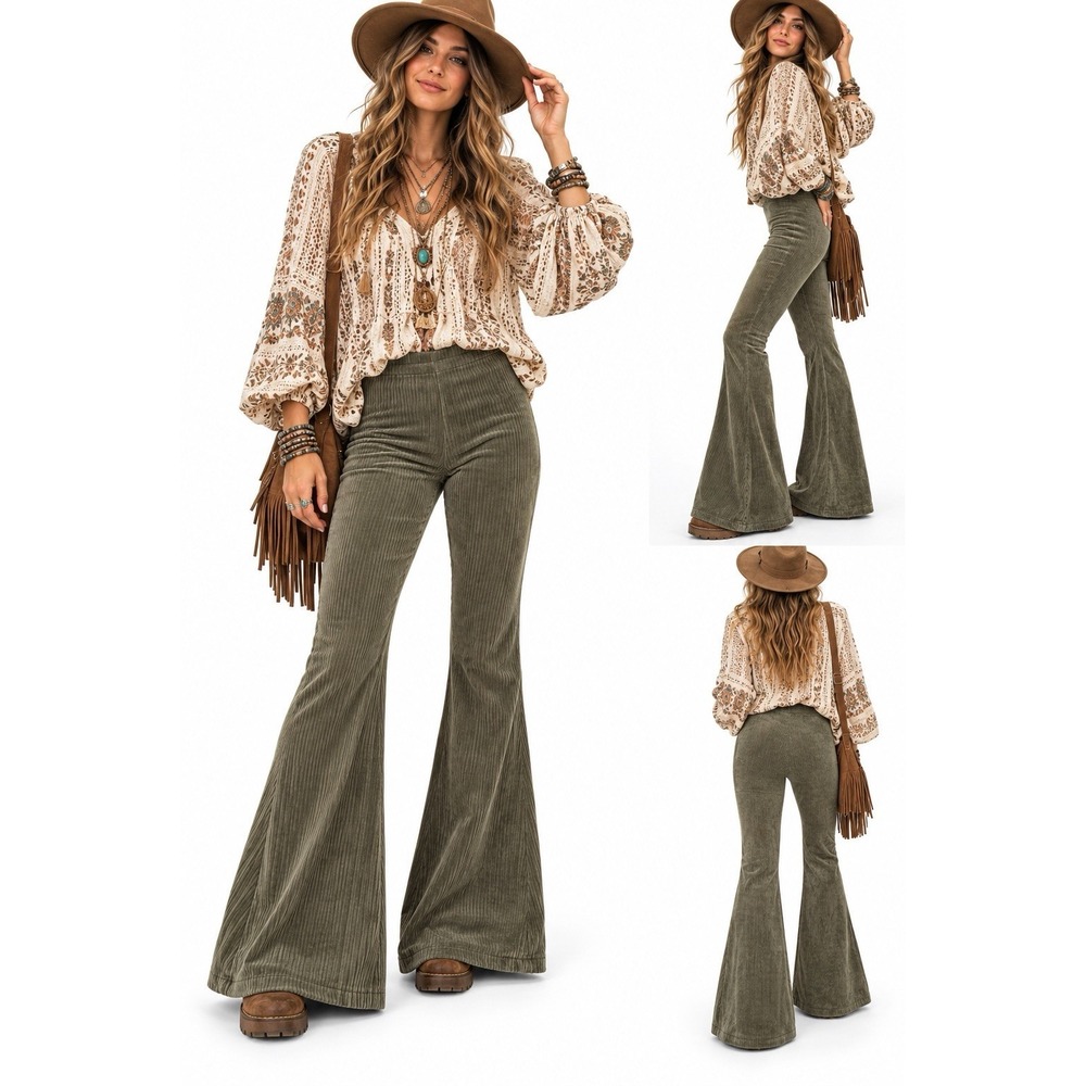 NWT Aerie Corduroy Flare Pants XL Green Pull Ribbed Boho Festival Hippie Fairy